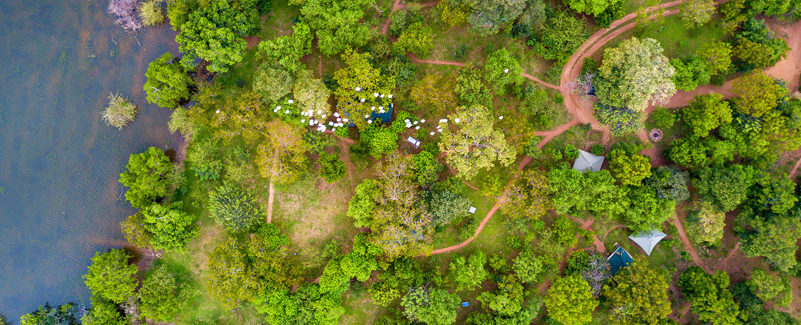 Aerial view of the camp's tents in woodland beside the edge of a lake
