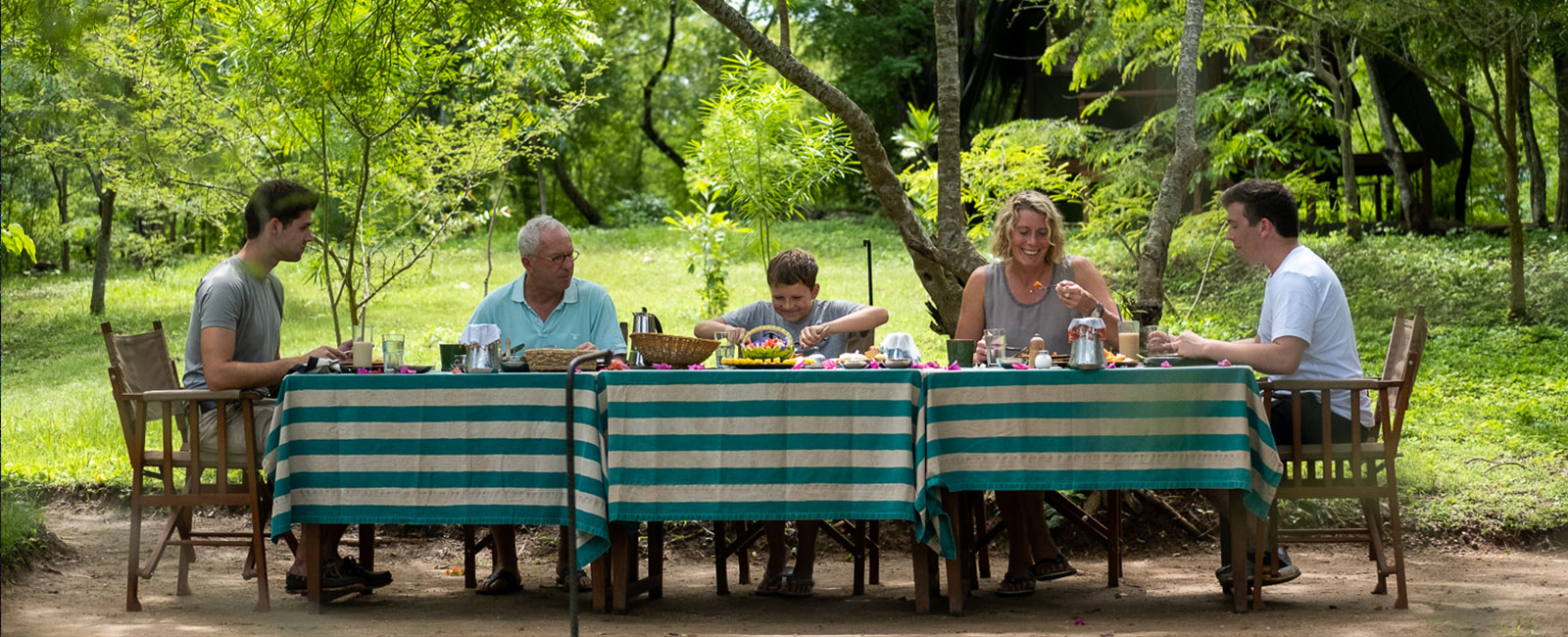 Guests at a long table with a striped cloth, eating outdoors under trees